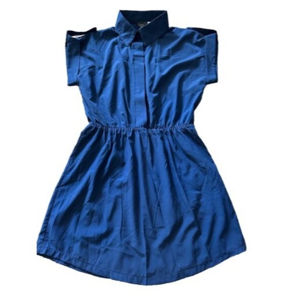 Unbranded Button Short Sleeve Blue A-Line Dress Size Small Collar Casual Solid - Picture 1 of 12